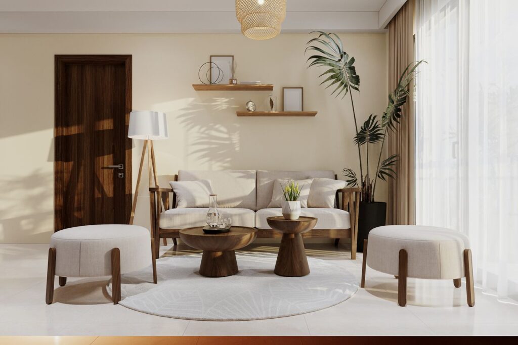 A small living room with a wall unit, shelves, and decor arranged in a compact layout.