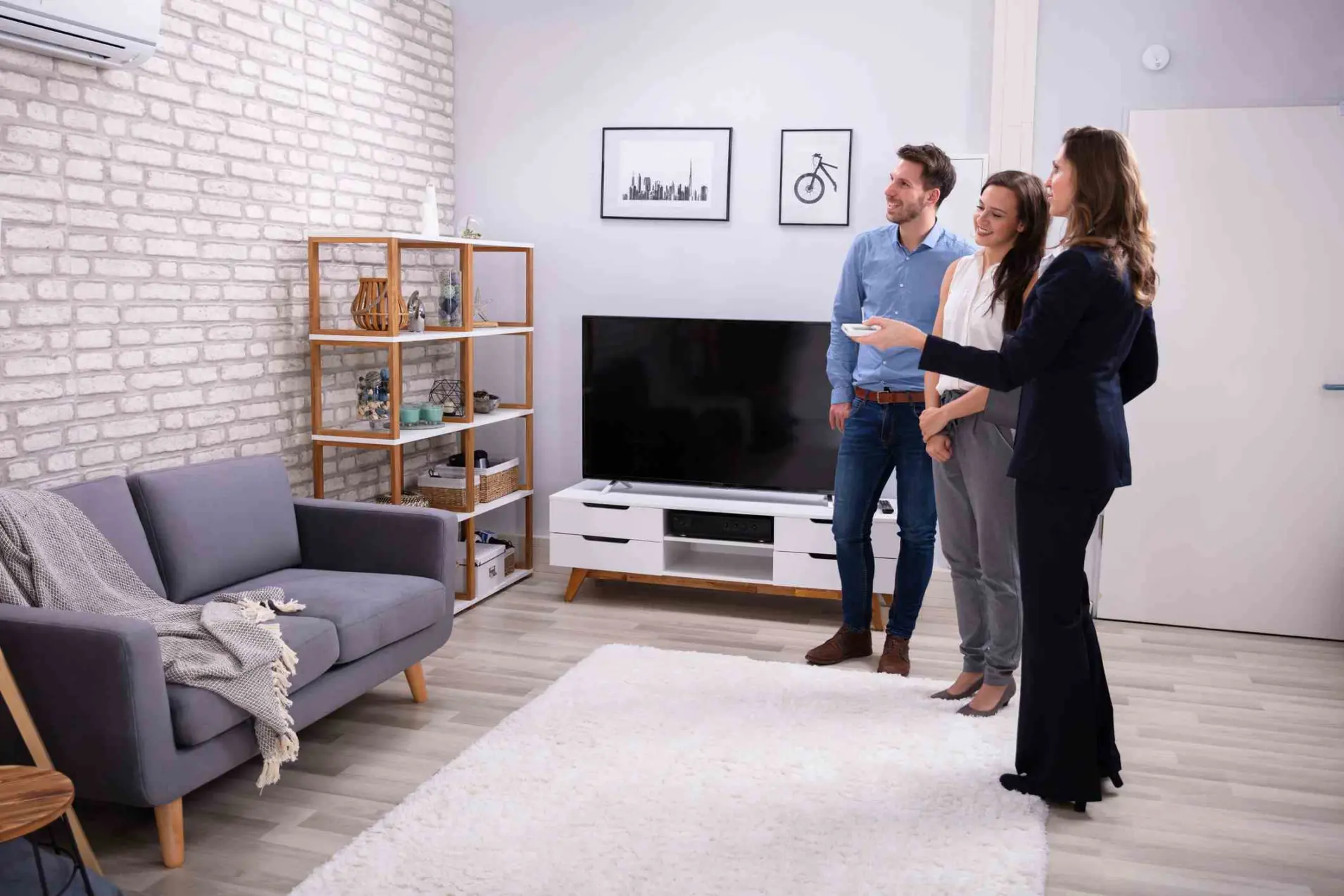 Female Real Estate Agent Showing Air Conditioner To Young Husband And Wife In Living Room