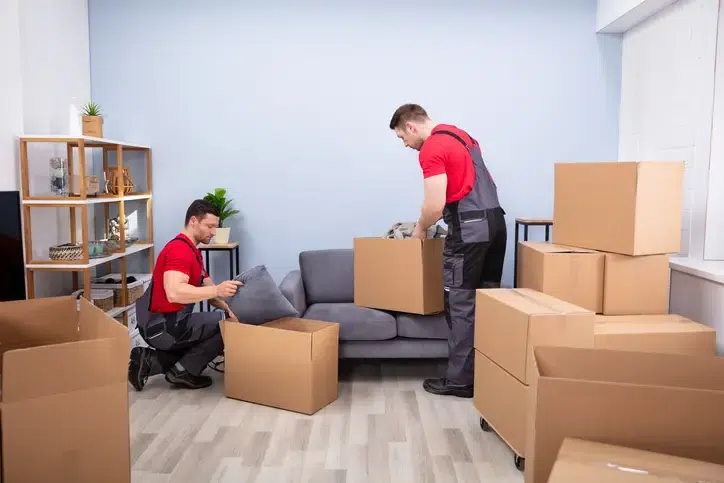 Two Young Movers In Uniform Picking And Putting Products In The Cardboard Boxes