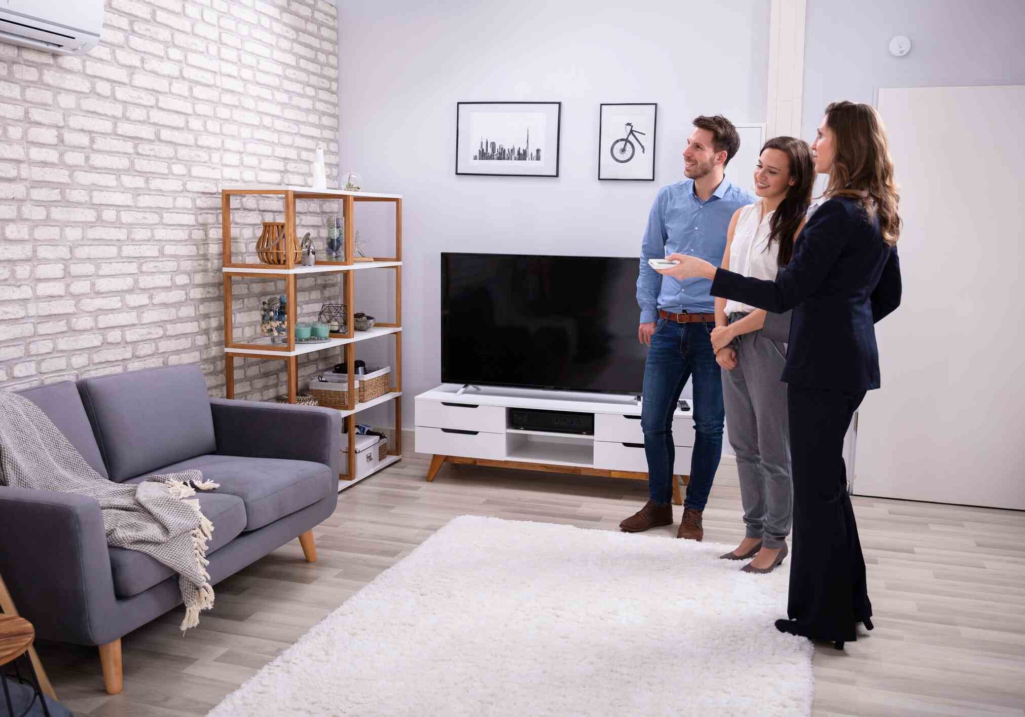 Female Real Estate Agent Showing Air Conditioner To Young Husband And Wife In Living Room