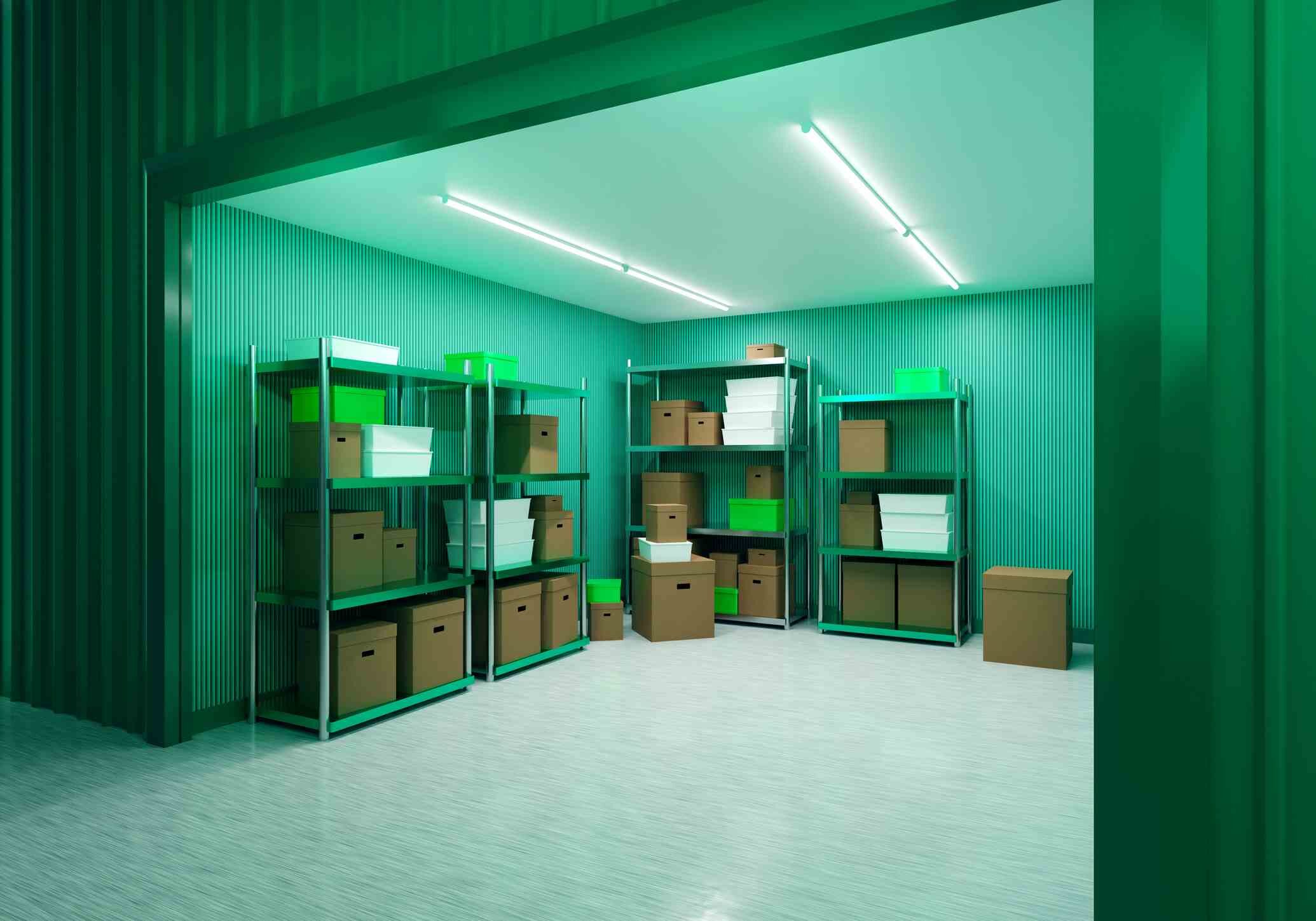 Rental storage unit. Small warehouse seen from behind gate. Open storage unit. Boxes on metal shelves inside warehouse. Temporary safekeeping zone