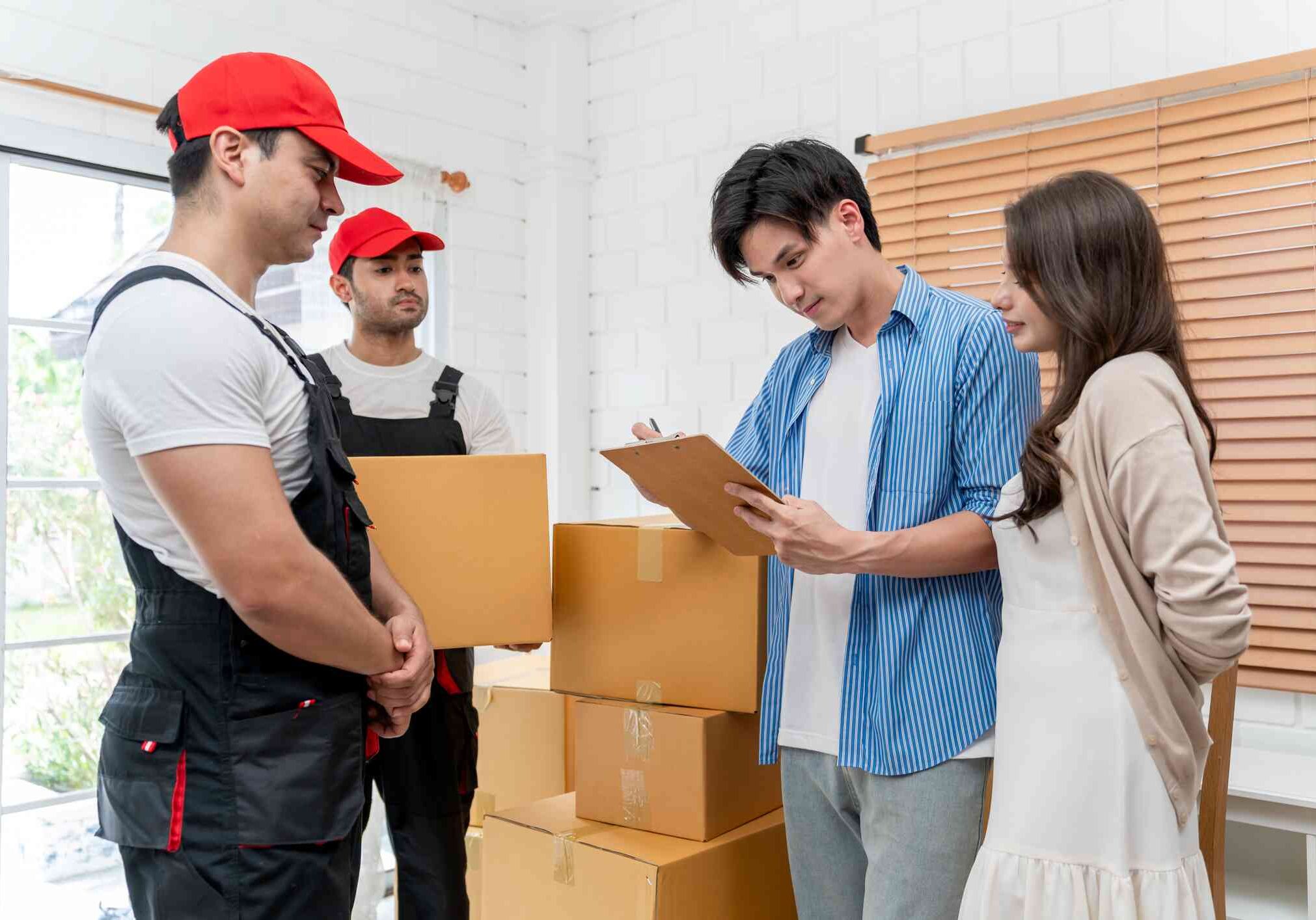 Caucasian delivery worker delivering package to young couple in house. Attractive male courier employee working and deliver box cardboard to attractive man and woman new marriage partner at new home.